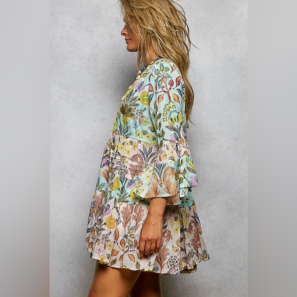 POL “ Sunlit Bloom “ Babydoll Mini Dress | Blue / Pink - Picture 3 of 6